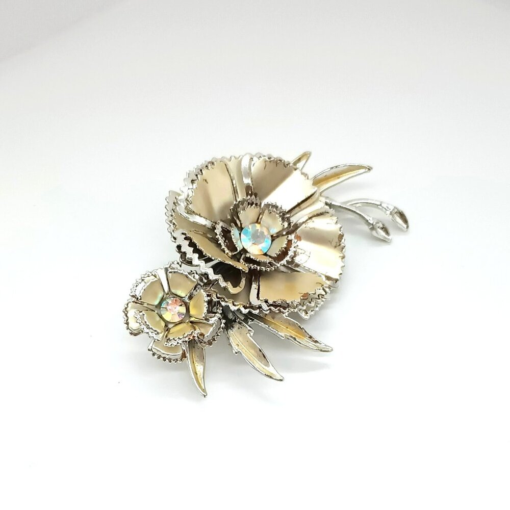 Vintage Silver 3D Flower Brooch Iridescent Stones Large Statement Pin Jewelry